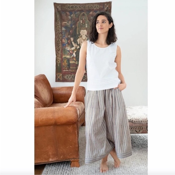 Anokhi Pink and Gray Striped Indian Cotton Wide Leg Crop Pants Culottes Size M - Picture 1 of 14